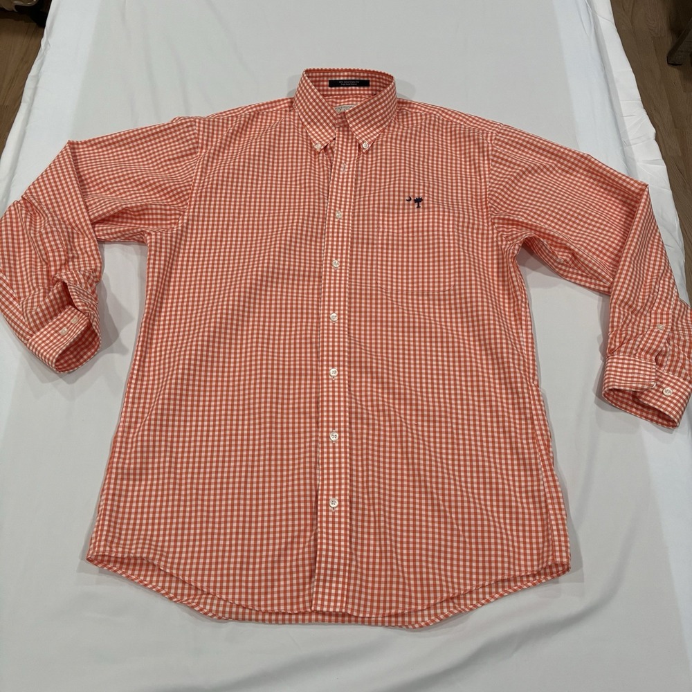 Richland Creek Button Up Shirt Mens Med Orange Plaid Wrinkle Free SC Embroidered